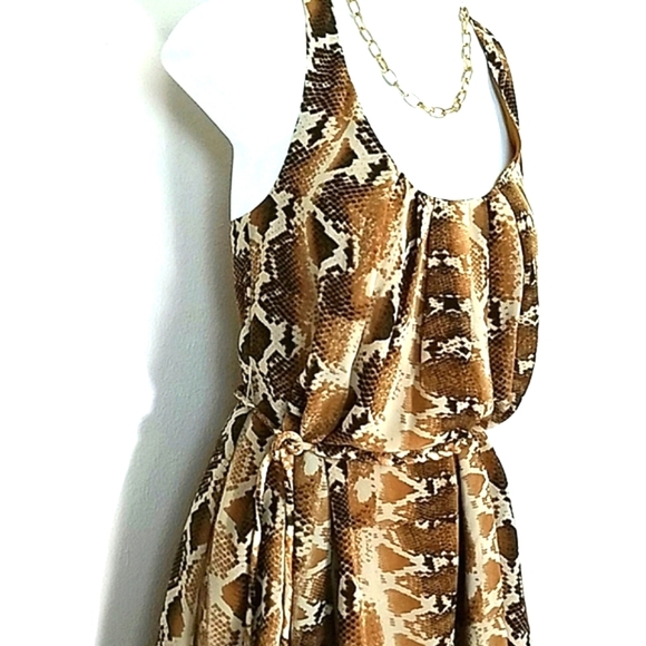 Sundress belted Python snake print lined chiffon high low Brown Tan Cream XS - Picture 4 of 13